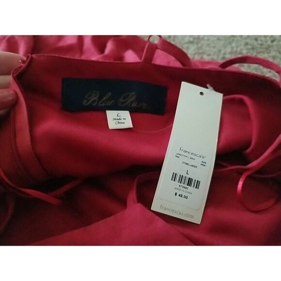 Francesca’s Blue Rain Brick Red Lined Romper Spaghetti Straps, NWT, Sz Large - Picture 7 of 10